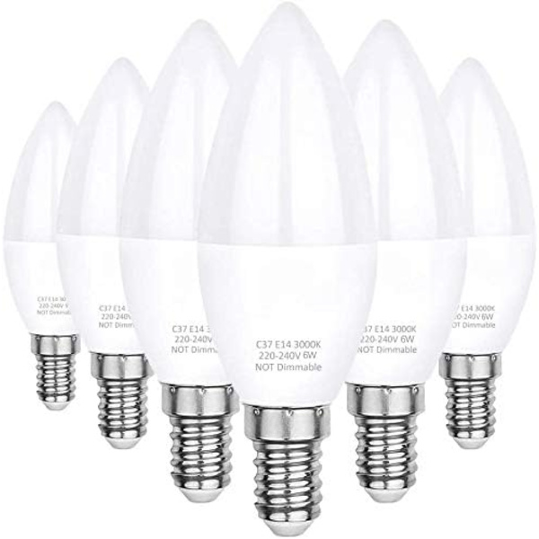 LED pære E14, varm hvid 3000K, C37 LED 6W (svarer til 60W halogenpærer), spredningsvinkel 360°, 6-pak