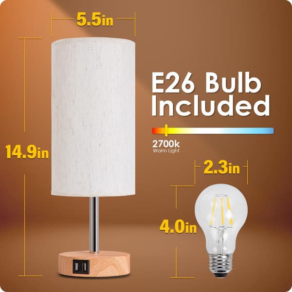 Sängbordlampa med USB-port - Touch-kontroll för sovrum, trä, 3-vägs dimbar