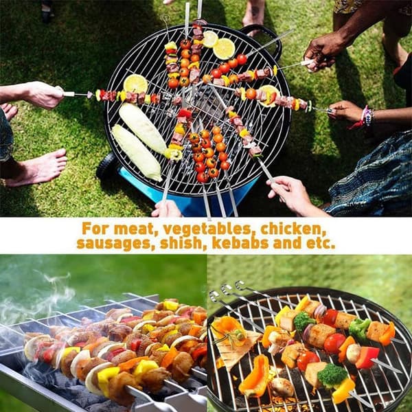 12-delt kebabspydsett i rustfritt stål med oppbevaringspose 36 cm for grilling, bål, BBQ, piknik