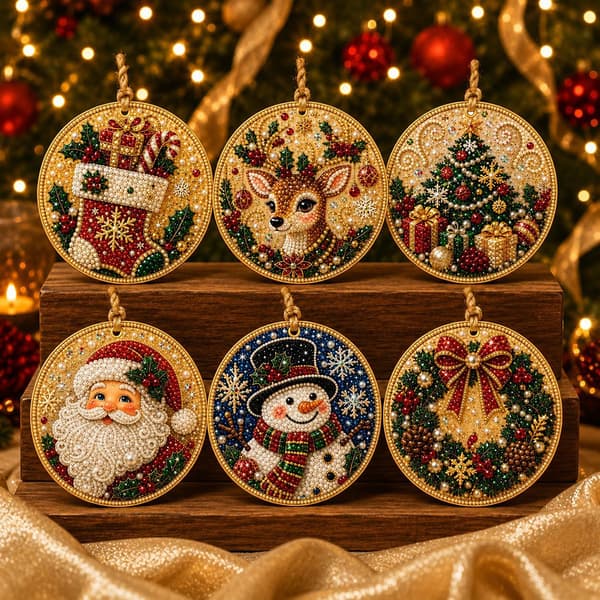 6 stk. julepynt i tre DIY perlekunstsett for voksne hengende diamantkunst julepyntsett B