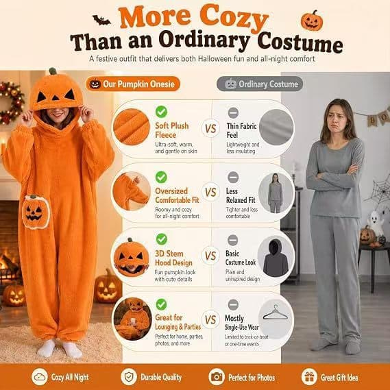 Halloween Koralfleece Onesie Pyjamas Efterår Vinter Lynlås Loungewear Orange Pumpkin M