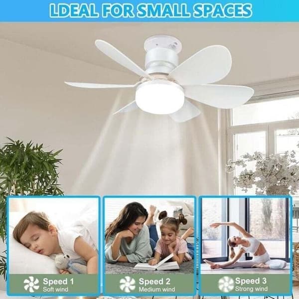 Stille 52 cm loftventilator med E27-pære, 6 blade, 40W, 3 hastigheder - Hvid