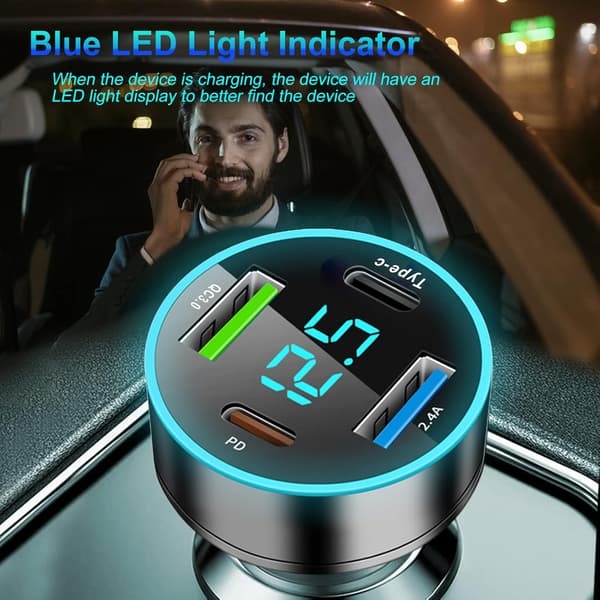 4-Port USB C Billaddare 53W PD QC3.0 Snabb Laddningsadapter med LED Voltmeter för iPhone Android Samsung Tablet och Alla Enheter