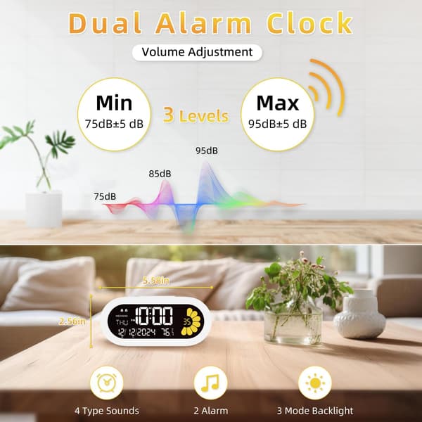 Digitalt vækkeur, VA LCD og visuel blomstersekunder skrivebordsur, stort display, let at indstille ur med 9 minutters snooze, 12/24 timer