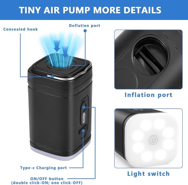 Genopladelig elektrisk luftpumpe 2400mAh - Bærbar oppuster/aftapper med 5 dyser - til poolflåder, luftmadrasser, camping - USB-C Sort