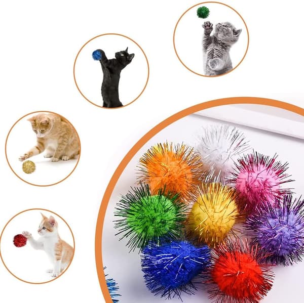 3 cm Fuzzy Glitter Pompom Bolde til Indendørs Katte - Glitrende Legebolde med Lametta til Killinger, Ikke-Giftige Katte Jagtlegetøj, 60-Pak