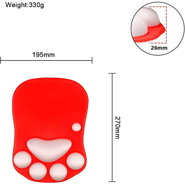 Hiirimatto kissan tassulla ja rannetuella, kannettava ergonominen liukumaton pelihiirimatto ranteen kivun lievitykseen (27,2 x 19,6 x 2,8 cm) (Punainen)