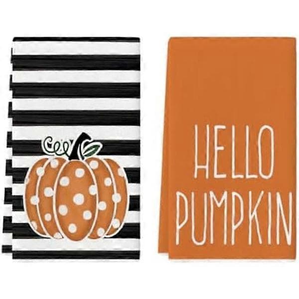 45x65cm Sæt med 2 Orange Polka Dot Striber Hello Pumpkin Efterårs Køkkenhåndklæder Opvaskehåndklæder, Bondehusindretning