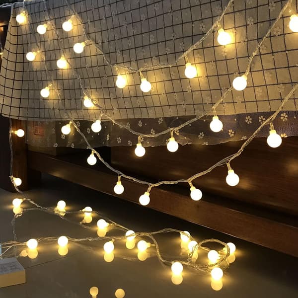 1.7cm White Ball LED Warm String Lights, 6m 40 LEDs, USB & Battery Powered, Outdoor Camping & Christmas Lighting 6m
