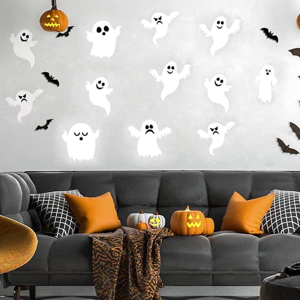 Halloween Ghost Wall Stickers 21 Pcs 3D Cute Stickers, Reusable Self-Adhesive White Ghost Wall Decals, Party Supplies