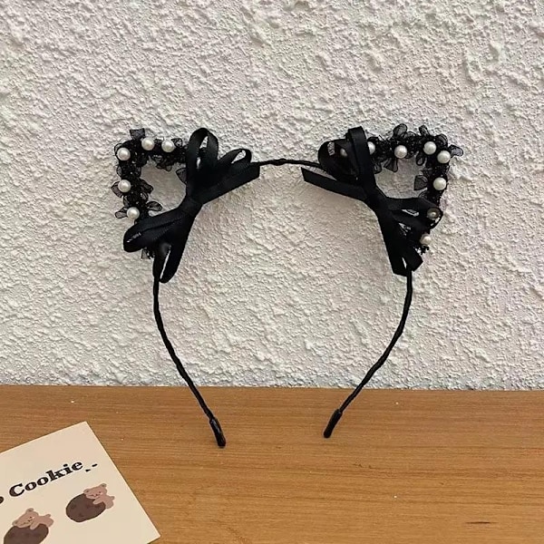 Kattöron i spets för utklädnad flörtig tiara rollspel party halloween rosett Svart Black one size