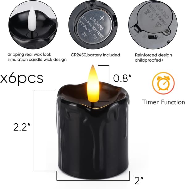 2\" x 2\" Timer Flammeløse Stearinlys med Flakkende Effekt, 6-pak 3D Væge Elektriske Stearinlys til Jul (Sort) Black