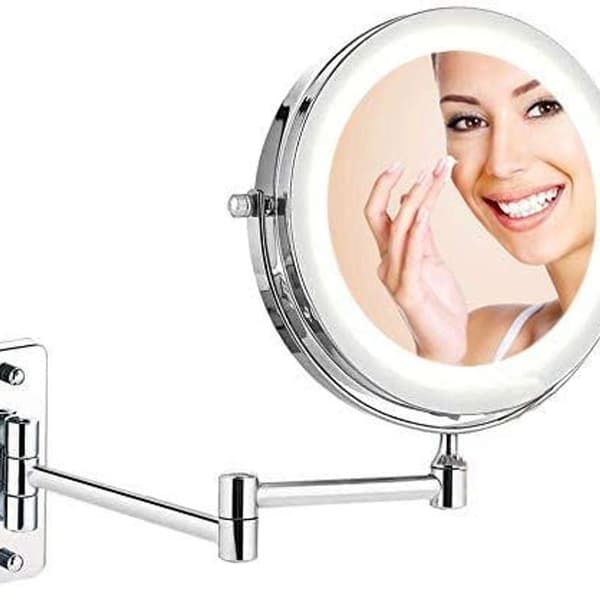 Vægmonteret makeupspejl, 10x forstørrelse, LED-belyst, 360°