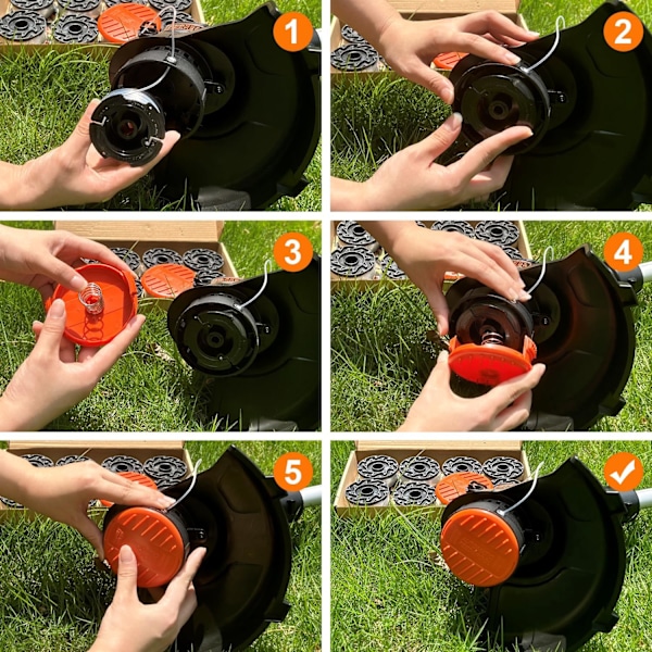 6-PACK Trimmertråd för Black Decker Trimmer, 6 Trimmerspolar, Längd 9,15 m, Diameter 1,65 mm med Spolarlock och Fjäder