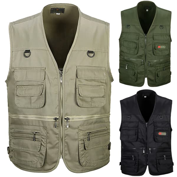 Fiskeväst för män, snabbtorkande, lös passform, avslappnad, dragkedjeficka, V-ringning, present, Khaki khaki 2XL