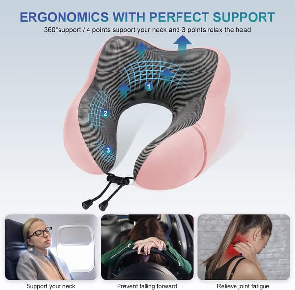 Justerbar Resekudde i Memory Foam med Öronproppar och Ögonmask Rosa för Flygplan och Bil