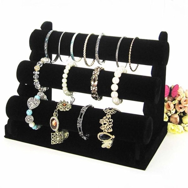 3-lags smykkeholder i velour, T-bar organizer (Sort)