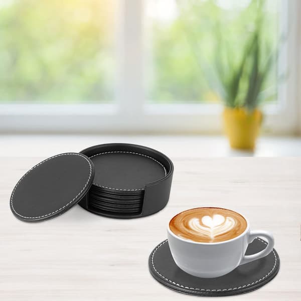 Læder coasters til glas runde drikke coasters med holder sæt skrivebordsbeskyttelse sort coaster måtte til hjemmekøkken housewarming gave