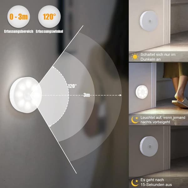 Forbedret bevægelsessensorlys [8 LED], Electight 3 ST Genopladelig Natlampe, 3M/120° Detektionsområde, 3 Tilstande