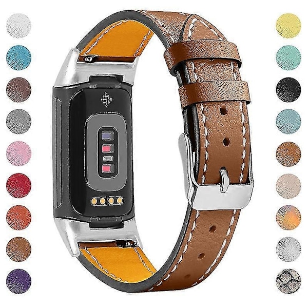 Premium Äkta Läder Justerbart Armband för Fitbit Charge 6/5 - Perfekt Brun Brown Fitbit Charge 6