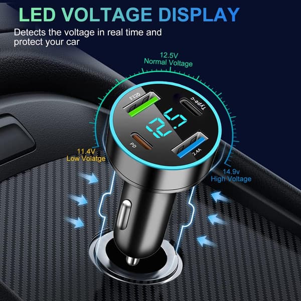 4-Port USB C Billaddare 53W PD QC3.0 Snabb Laddningsadapter med LED Voltmeter för iPhone Android Samsung Tablet och Alla Enheter