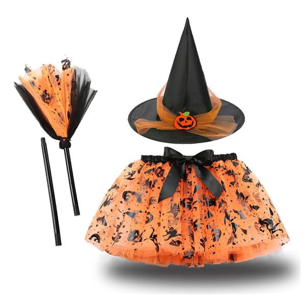 Halloween trykt mesh græskar tutu nederdel med heksehat og kosteskaft - tre-delt sæt til piger RS24401 L