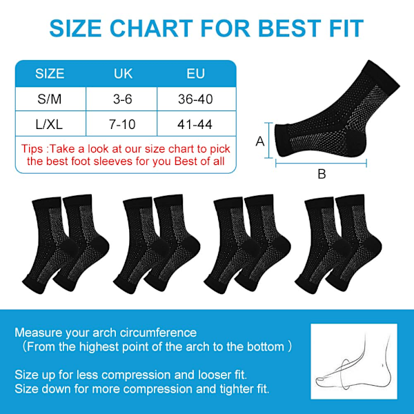 Plantar fasciitt sokker, 4 par neuropatiske sokker, kvinners ankel kompresjonssokker, menns, flygende ankelstøtte, svart med hvite prikker