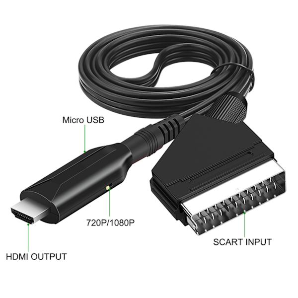 1080P SCART till HDMI-kompatibel konverteradapter, SCART-ingång till HDMI-kompatibel utgång Video Audio Converter-kabel
