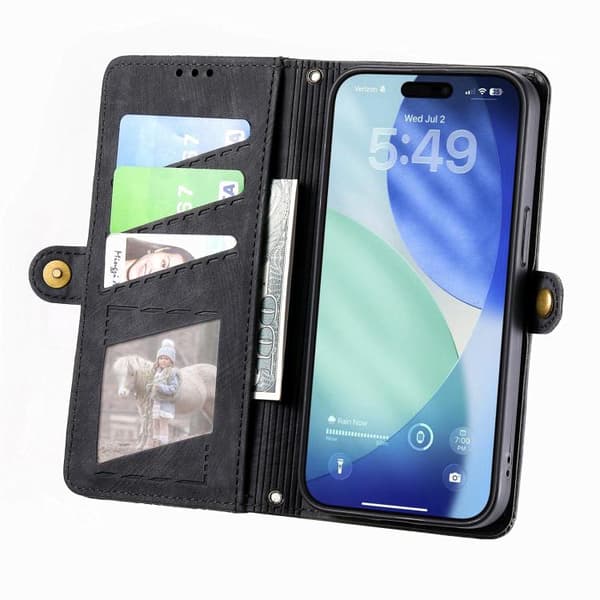iPhone 17 Pro Max Skinnveske med geometrisk glidelås og sidespenne Svart