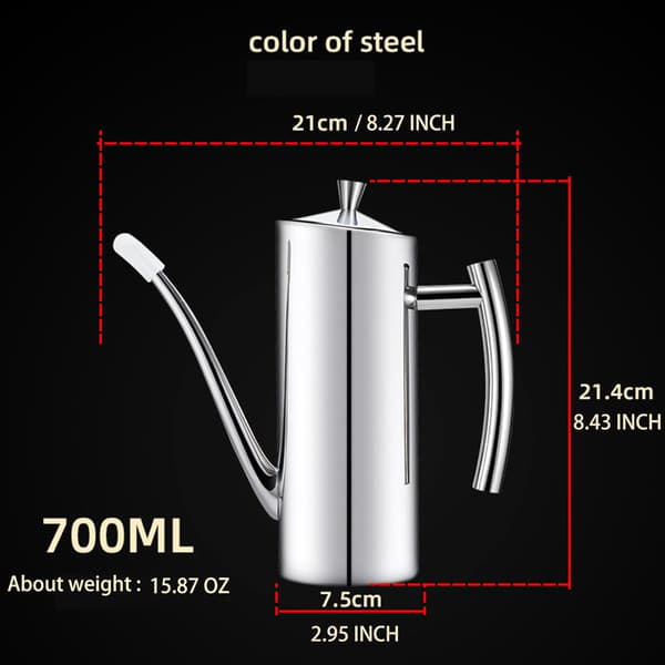 olivenoliedispenser og køkkankande i rustfrit stål (700 ml), lækagesikker olieflaske med design i ét stykke og lang smal tud for præcis