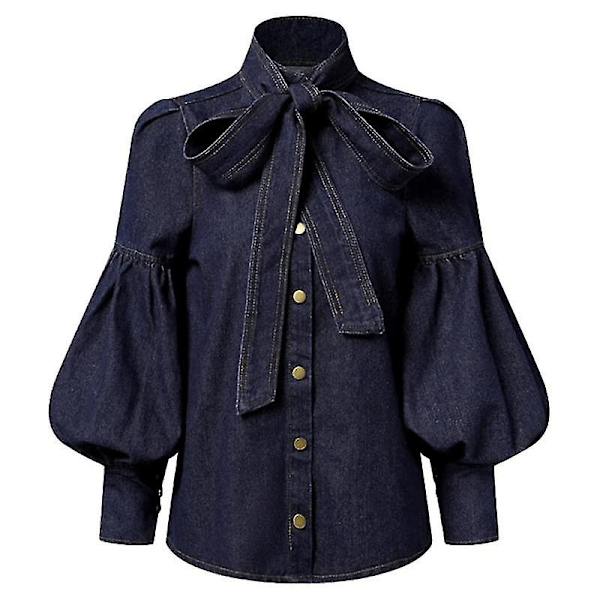 Trendig imitation denim puffärm blus med rosett för kvinnor vår och höst hög hals S storlek