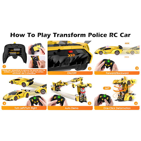 Transformationsbar RC Polisbil med Blinkande Ljus, Leksak för Pojkar 4-7 År
