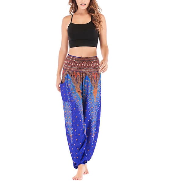 Boho Yogabukser til kvinder - Pilatesbukser med tryk, løs pasform og baggy haremstil - Perfekt til strand, yoga, dans og mere Blå Blue One Size