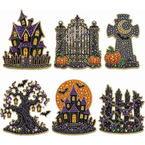 Halloween Pärlkylskåpsmagneter Set - Pumpa Katt Spöke Diamantdekor Cute Bat 6-Piece Set