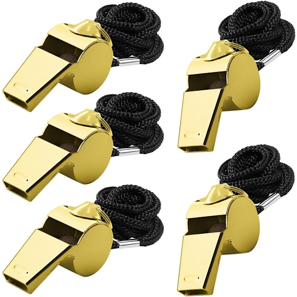 5-pack rostfria stål visselpipor, FineGood Högljudd metallvisselpipa med snodd för domare, tränare, livräddare, överlevnad, nödsituationer