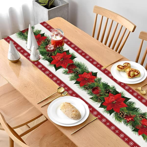 Julebordløper Rød Lin Julebord Dekorasjon Midtstykke 33x183 cm