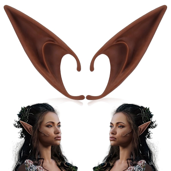Bruna Alvöron - Kort och Långt Set med Fe-öron, Silikon Vampyröron, Brun Päls för Kvinnor, Cosplay, Renässans Dark brown 12cm