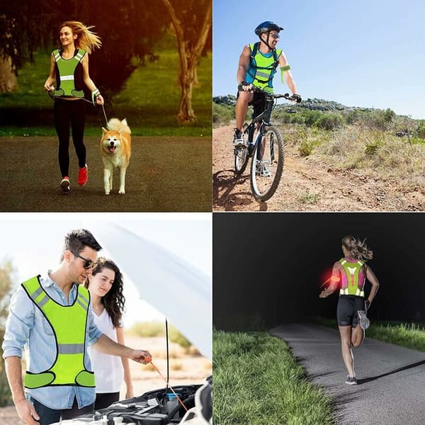Reflexväst, säkerhetsväst med reflextejp och 3 LED-lampor, hög synlighet cykelväst för jogging, cykling (grön)