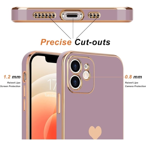 IC-kompatibelt iPhone 12-deksel for kvinner jenter Søtt kjærlighetshjerte Luksuriøst bling Mykt skall Hevet for iPhone 12, Lavendel
