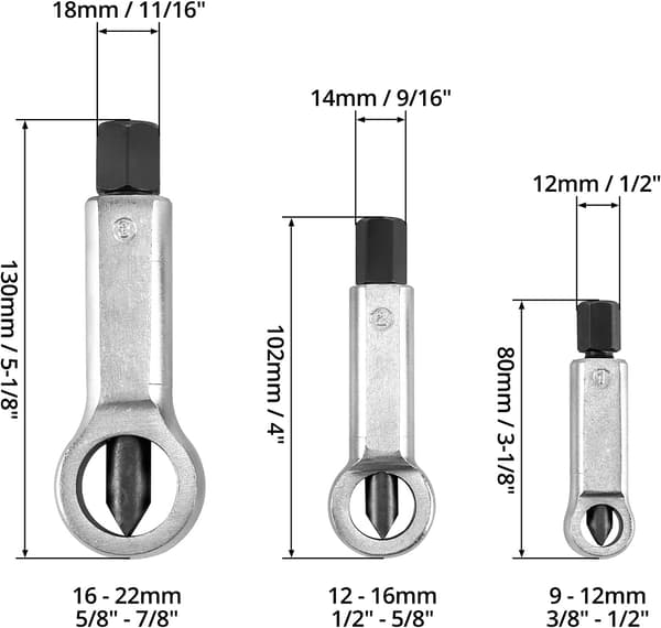 Mutterdeler-sett Mutterdelerverktøy for fjerning av skadede muttere 9-12 mm 12-16 mm 16-22 mm 3 stk
