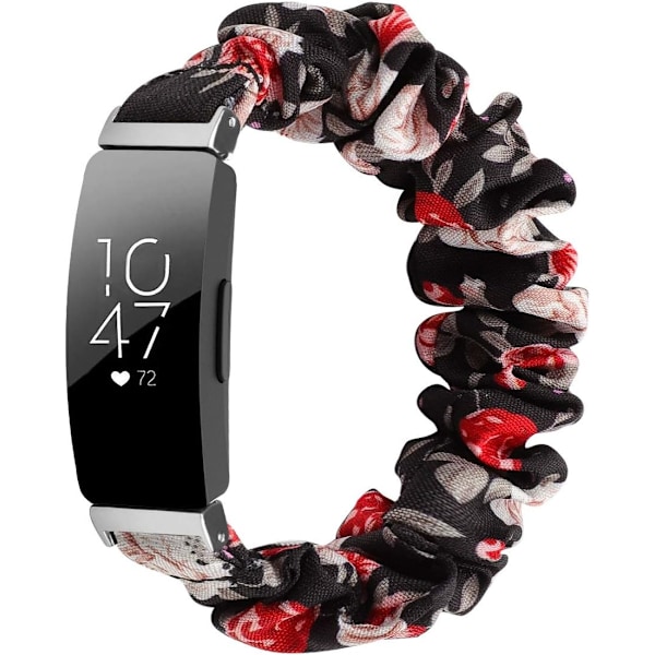 MEFEO Scrunchies yhteensopiva Fitbit Inspire 2 Bands/Inspire Musta/Punainen Kukka(Pieni,Musta/Punainen Kukka)