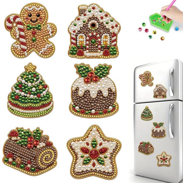 Juleperle- og diamantmaleri kjøleskapsmagnetsett - DIY håndverksdekor Snowflake 6-Piece Set