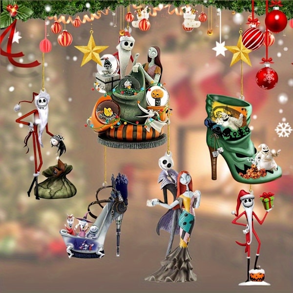Jack Skellington Akryyli Ripustuskoriste Setti 6 kpl, Joulukoristeet Halloweeniin ja Jouluun, Painajainen Ennen Joulua Teema (FMY) 6pcs