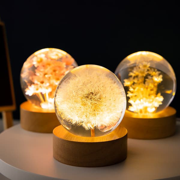 Ægte Præserveret Blomst Glas Kugle Natlampe | Dæmpbar Batteri LED (Mælkebøtte)