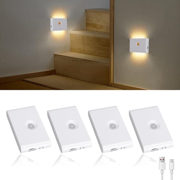 Uppladdningsbar Nattlampa Rörelsesensor Trappbelysning Lämplig för Hallar Trappor Badrum Sovrum Kök Magnetisk Installation 4-pack