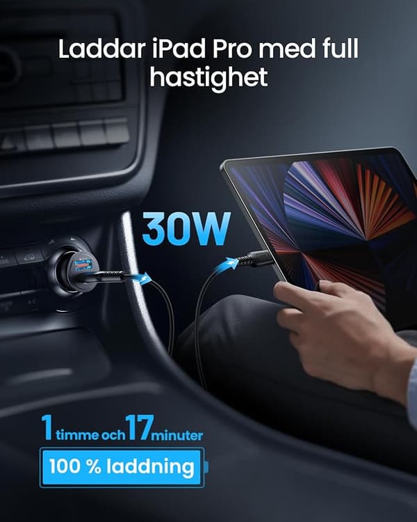 52.5W Billaddare [USB C + USB A], PD & QC 3.0 Snabbladdande USB-adapter, Billaddningsadapter för iPhone iPad Samsung