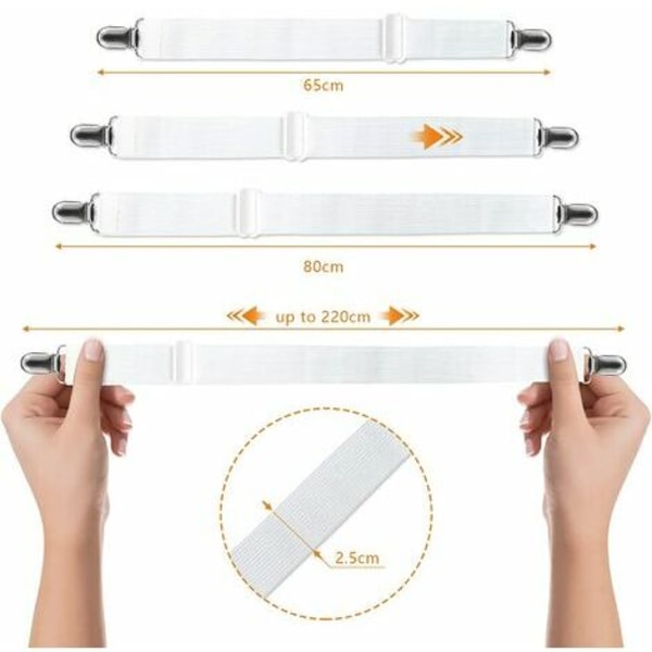 Elastisk Lakanssträckare, Justerbar Fästklämma med Klämmor för Lakans, Soffa, Överdrag (Vit, 4-pack, Utökad Sektion)