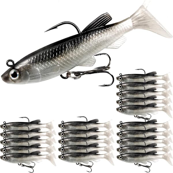 20 stk myke fiskesluker, shad minnow swimbaits, ferdigriggede jighoder, paddle tail swimbaits for abbor, ørret, gjedde, crappie