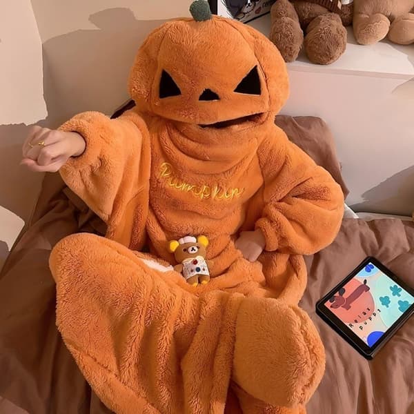Halloween Græskar Onesie Pyjamasdragt til kvinder, varm koralfleece, kostume til efterår og vinter Brown bear - barefoot XL (size 2)