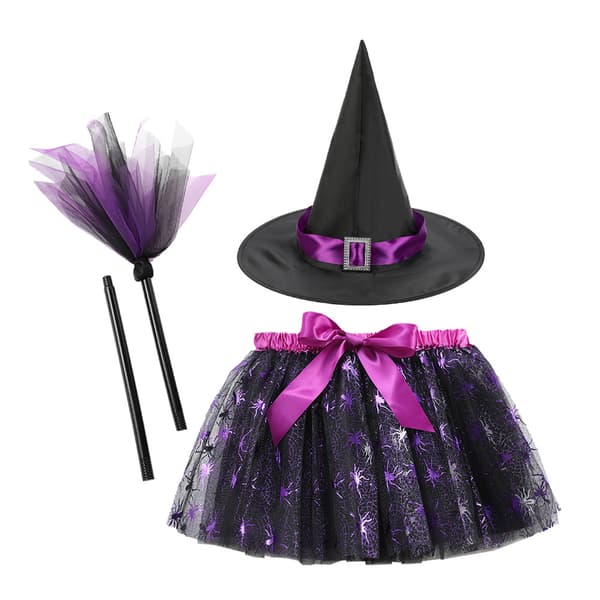 Halloween Mesh Græskar Tutu Skørt Sæt med Heksehat og Kost Tilbehør til Piger RSX18 + Silver Glitter Broom S
